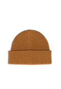 Cappello beanie lavorato a maglia di colore marrone caldo, con una texture a coste e un risvolto piegato. Design semplice senza ulteriori motivi o accenti.