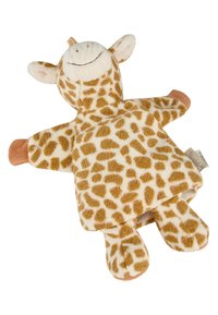 Giraffe-shaped plush toy with a cream base and brown spots, soft texture, stitched facial features, and orange accents on limbs.
