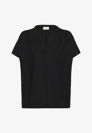 Black short-sleeve blouse with a V-neck and pleated details, crafted from lightweight fabric for comfort and ease of movement.
