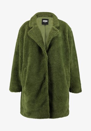 Olive green fleece coat with a notched collar, open front, and two side pockets. Soft, textured exterior provides warmth and comfort.
