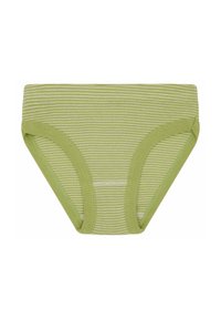 Perizoma a righe verdi e bianche con vita elastica e aperture delle gambe rinforzate, realizzato in tessuto morbido e elastico.