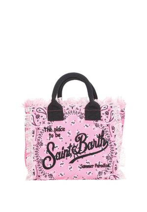 Borsa tote rosa con motivo, manici neri, bordi sfrangiati e testo nero con la scritta "The place to be Saint Barth Summer Paradise."
