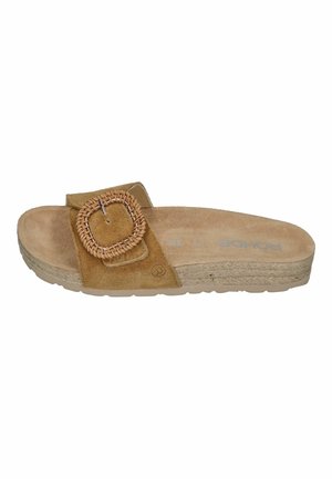 Brown suede slide sandal with thick woven buckle and braided platform sole, size 38, casual open-toe design.