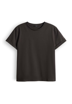 T-shirt noir à manches courtes et col rond, avec bords de manches repliés, présenté à plat sur un fond blanc.