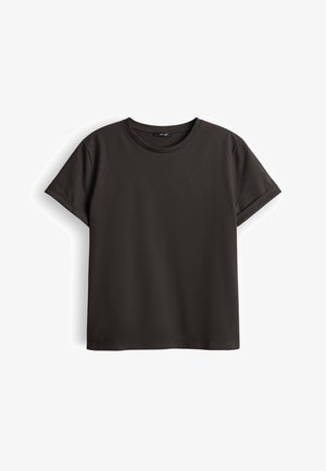 T-shirt noir à manches courtes et col rond, avec bords de manches repliés, présenté à plat sur un fond blanc.