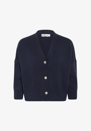 Navy blue knitted cardigan with a V-neck, short sleeves, and five decorative buttons along the front. Soft texture and relaxed fit.