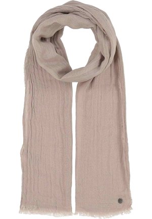Light beige soft fabric scarf with subtle textured stripes, loosely looped, and small round metal logo tag at one end.