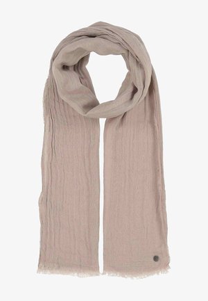 Hellbeiger, weicher Stoffschal mit dezenten, strukturierten Streifen, locker geschlungen und mit kleinem runden Metall-Logoschild an einem Ende.