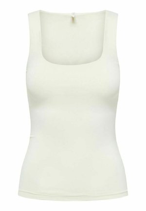 Cream-colored tank top with a square neckline. Made from smooth, stretchable fabric. Fitted silhouette with no visible patterns or accents.
