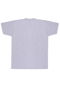 Gray cotton t-shirt, oversized fit with short sleeves and a crew neckline. No patterns or graphics, smooth texture throughout.