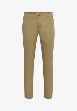 Tan straight-leg pants made of soft cotton blend, featuring a button closure, belt loops, and front and back pockets. Smooth texture.