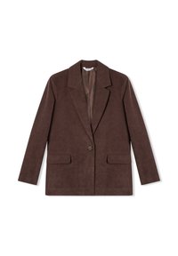 Brązowa marynarka z sztruksu z klapami typu notch, z zamkiem na jeden guzik, dwoma przednimi kieszeniami oraz gładką podszewką. Dopasowany krój.