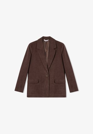 Brązowa marynarka z sztruksu z klapami typu notch, z zamkiem na jeden guzik, dwoma przednimi kieszeniami oraz gładką podszewką. Dopasowany krój.