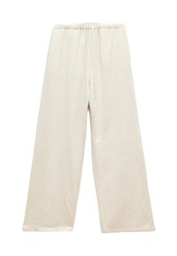 Pantaloni a gamba larga color crema con vita elastica, realizzati in morbido tessuto strutturato. Presentano una vestibilità ampia e un design semplice.
