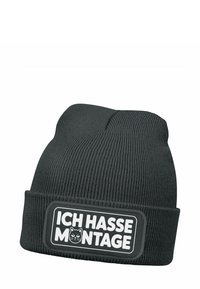 Black knitted beanie hat with a folded cuff featuring a patch that reads "ICH HASSE MONTAGE" and a cat graphic in white.