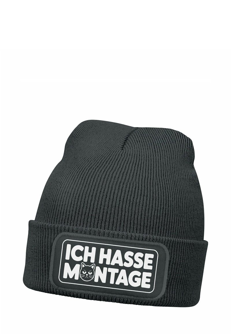 Black knitted beanie hat with a folded cuff featuring a patch that reads "ICH HASSE MONTAGE" and a cat graphic in white.