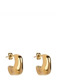 Goldene Creolen mit einem glatten, geschwungenen Design. Sie haben eine klobige Form und eine polierte Oberfläche, die eine moderne Ästhetik betont.