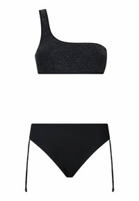 Črn bikini set, ki vključuje top z enim ramenom iz teksturirane tkanine in hlačke z visokim pasom ter stranskimi trakovi, okrašenimi z biseri.