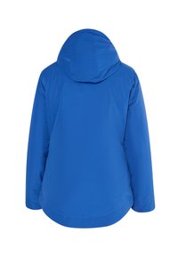 Blauwe geïsoleerde jas met capuchon. Dure textuur en afgeronde zoom. Lange mouwen met verlaagde schouders. Geen zichtbare hardware of patronen.
