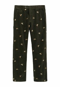 Corduroy broek; donkergroen met geborduurde vogelmotieven; klassiek ontwerp; recht gesneden pasvorm; voorzakken en knoopsluiting.