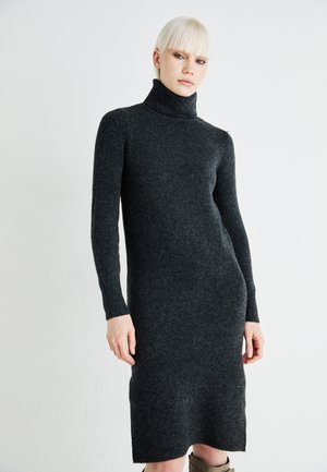 Dark grey, long-sleeve turtleneck dress made of soft wool blend. Slim fit with ribbed cuffs and hem, featuring a smooth texture.