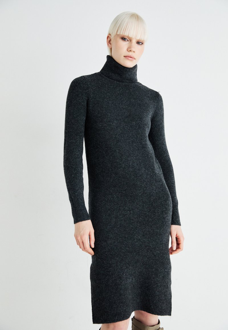 Dark grey, long-sleeve turtleneck dress made of soft wool blend. Slim fit with ribbed cuffs and hem, featuring a smooth texture.