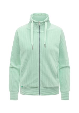 Lysegrøn ribstrikket lynlåstrøje med høj krave, snore, lange ærmer og sidelommer.