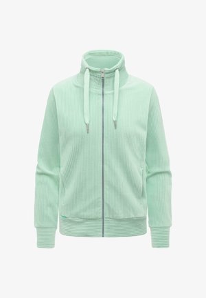 Hellgrüne, gerippte Jacke mit durchgehendem Reißverschluss, hohem Kragen, Kordelzügen, langen Ärmeln und Seitentaschen.