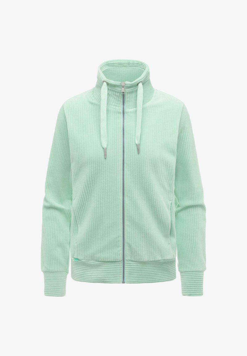 Veste zippée en vert clair côtelé avec col montant, cordons, manches longues et poches latérales.