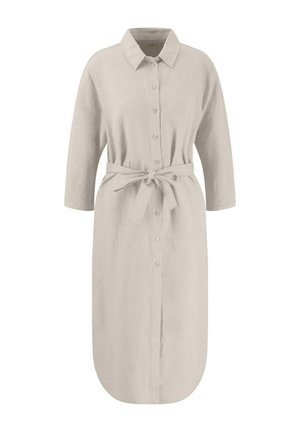 Beige linnen shirtjurk met knoopsluiting aan de voorkant, kraag, driekwartmouwen, een tailleband en een gebogen zoomlijn. Gladde textuur.