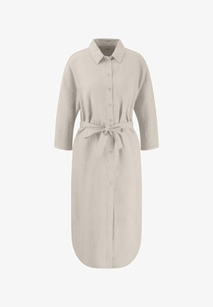 Beżowa sukienka koszulowa z lnu, z zapięciem na guziki z przodu, kołnierzykiem, rękawami do łokcia, paskiem w talii oraz zaokrąglonym dołem. Gładka tekstura.