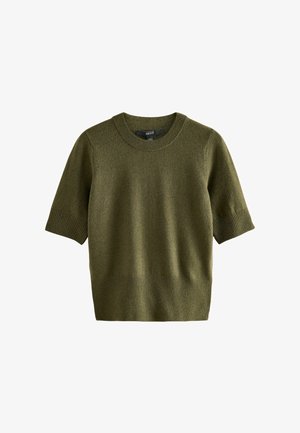 Krátky rukáv olivovozelený sveter, vyrobený z mäkkého materiálu, s okrúhlym výstrihom a textúrovaným rebrovaným lemom. Jednoduchý dizajn s minimálnym detailom.