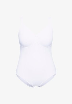 Hvid en-delt badedragts med justerbare stropper, v-hals, glat stof og formede skåle. Har en sløjfeaccent i midten.