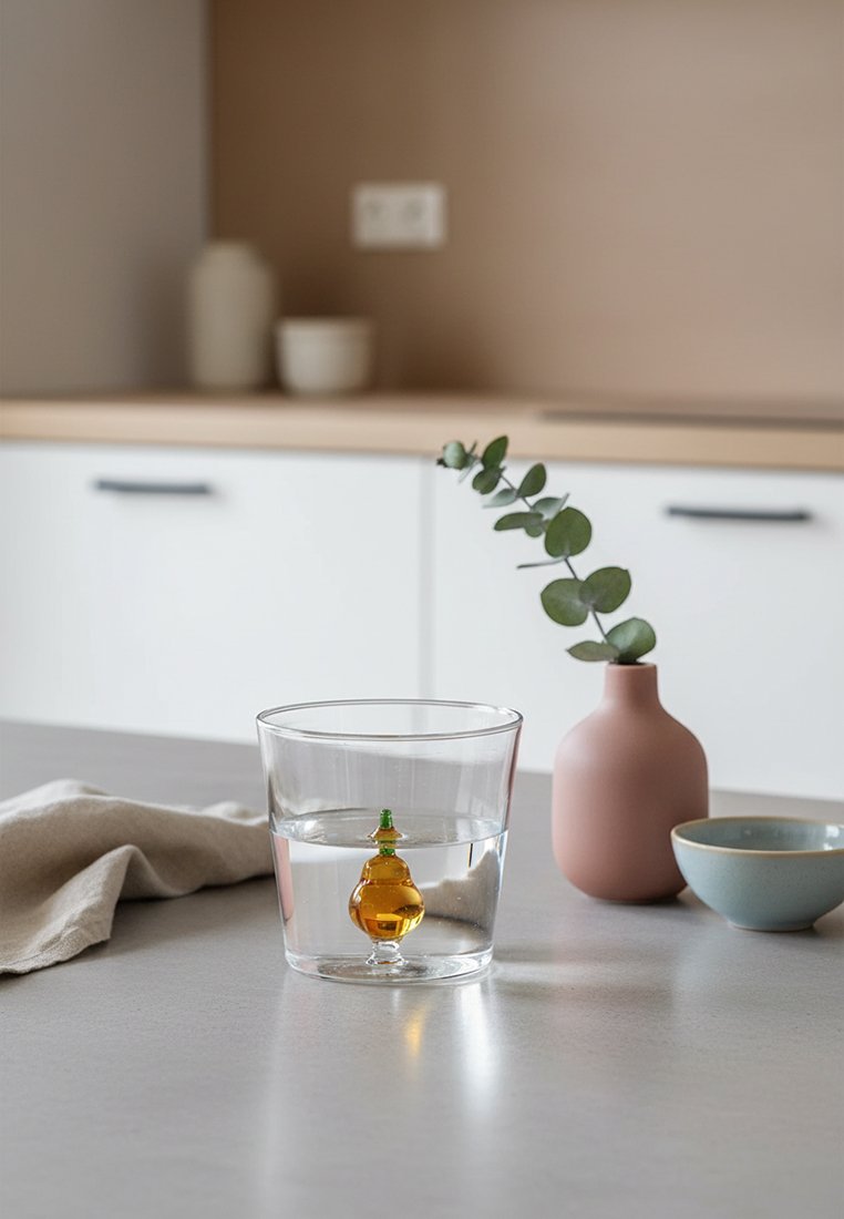 Szklanka wody z pomarańczowo-zielonym unoszącym się termometrem na blacie kuchennym, obok różowego wazonu z eukaliptusem i małej niebieskiej miseczki.