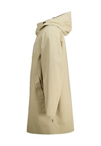 Beige raincoat with a hood, straight cut, side pocket, smooth texture, and minimalistic design. Features a small brand tag at the hem.