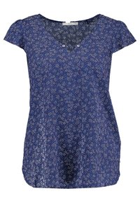 Blusa blu navy a maniche corte con un piccolo motivo floreale bianco e rosa chiaro e una scollatura a V con due piccoli bottoni.