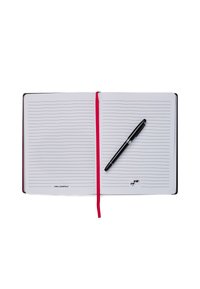 Black hardcover notebook with blank pages featuring pink ribbon bookmark. Accompanied by a black pen. Logo printed on the lower page corner.