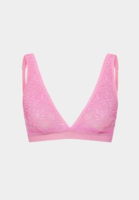 Rosa Spitzen-Bralette mit tiefem V-Ausschnitt, zarten Blumenmustern, verstellbaren Trägern und einem glatten Unterband. Leichte Stoffqualität.