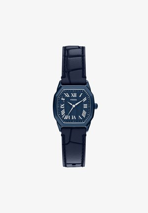 Rectangular dark blue Fossil wristwatch with Roman numerals, textured dial, silver hands, and black leather strap with stitch detailing.
