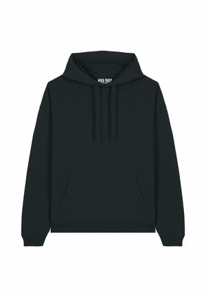 Sweatshirt noir avec capuche, poche avant et poignets côtelés. Le matériau semble doux et lisse, avec une étiquette de logo au niveau du cou.
