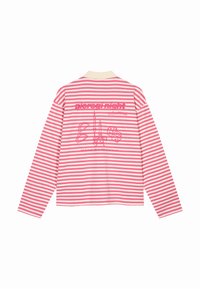 Tričko s dlhým rukávom v ružovo-bielych pruhoch, s krémovým golierom a grafickým textom s ilustráciami jedla na chrbte.