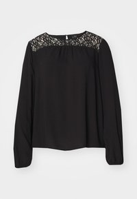 Black long-sleeve blouse with a lace panel at the neckline and gathered fabric below, featuring a loose fit and round hem.