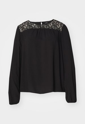 Blusa nera a maniche lunghe con pannello in pizzo all'collo e tessuto arricciato sotto, caratterizzata da una vestibilità ampia e orlo rotondo.