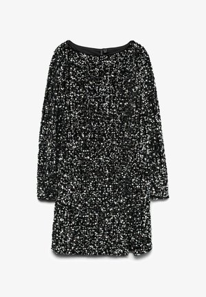 Un vestido negro cubierto de lentejuelas reflectantes, con escote redondo, mangas largas, corte recto y cierre de cremallera en la parte posterior.