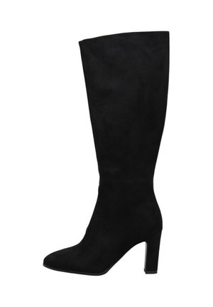 Botte noire en suède montant jusqu'au genou, avec bout pointu et talon haut épais.