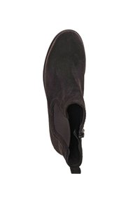 Black suede ankle boot with a simple design, featuring a side elastic panel and a small zipper for ease of wear. Smooth texture and rounded toe.