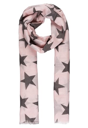 Écharpe rose clair avec de grandes étoiles gris foncé imprimées et des extrémités légèrement effilochées, bouclée lâchement.