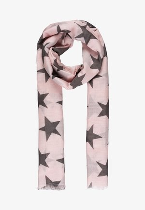 Écharpe rose clair avec de grandes étoiles gris foncé imprimées et des extrémités légèrement effilochées, bouclée lâchement.