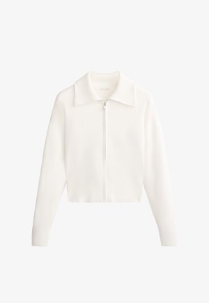 Weißer, kurz geschnittener Pullover mit geripptem Kragen und Bündchen, ausgestattet mit einem Reißverschluss vorne und glatter Textur. Geeignet für die Freizeit.