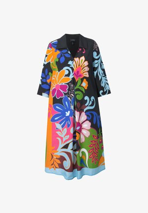 Farverig, blomstertryk kjole med sort baggrund. Har en krave-halsudskæring, trekvartærmer og en løs, flydende form.